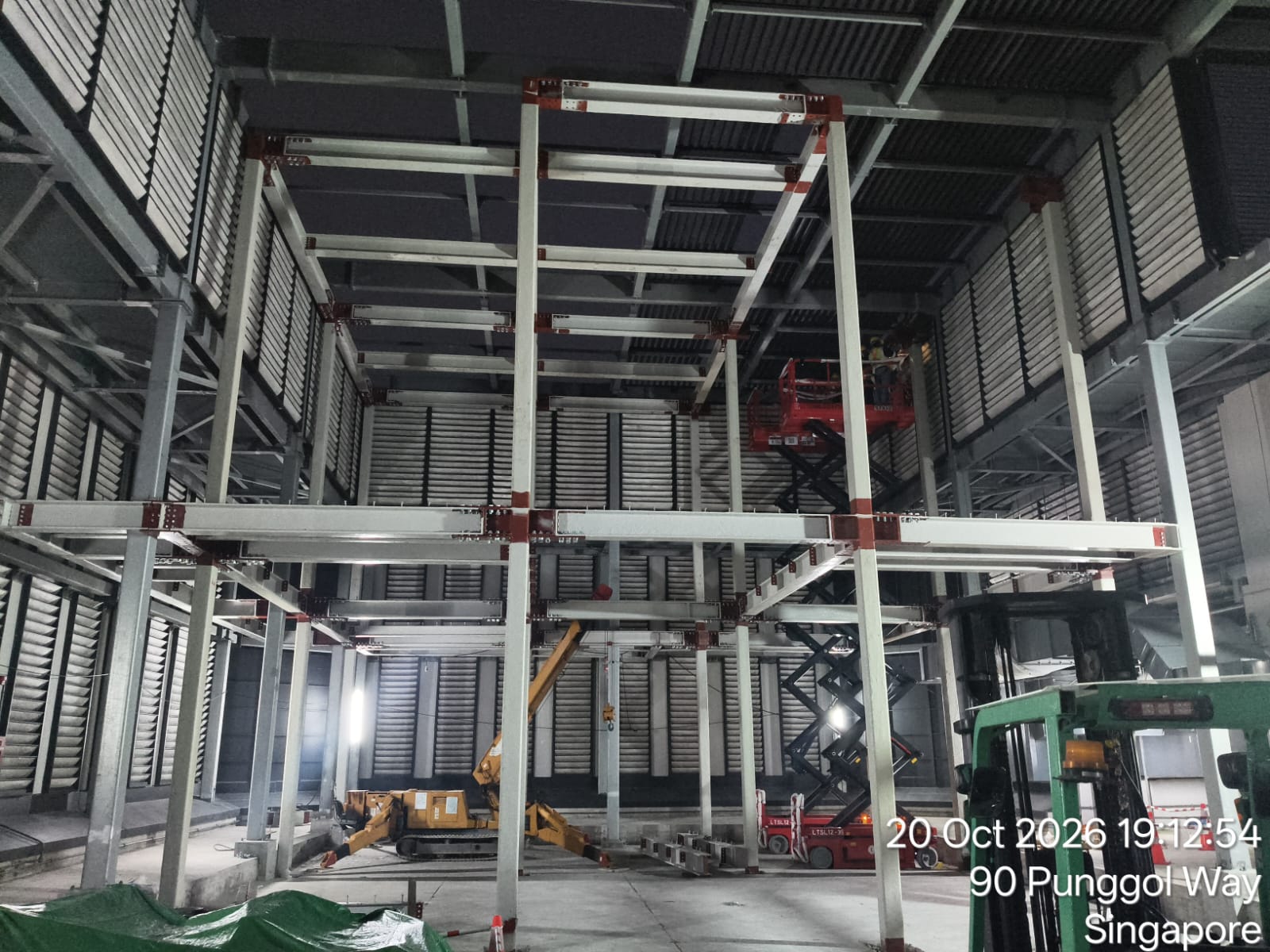 Industrial building multi-tier steel framework erection