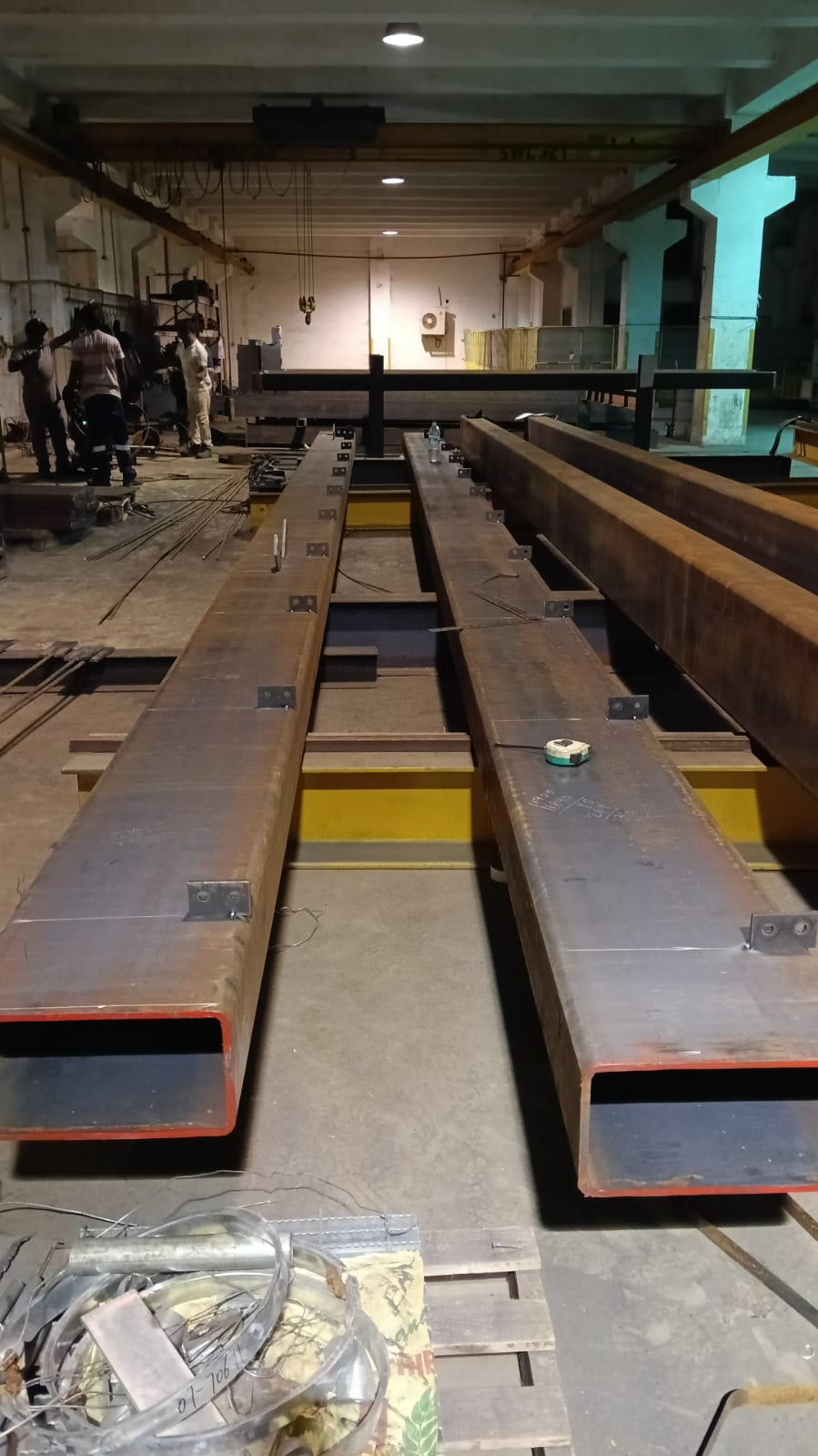 Fabricated structural box section columns in workshop